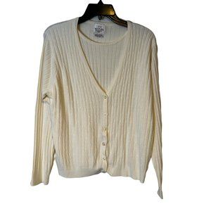 Vintage T R Bentley Cable Knit Sweater 1 pc Attached Top Button Up Ivory Womens